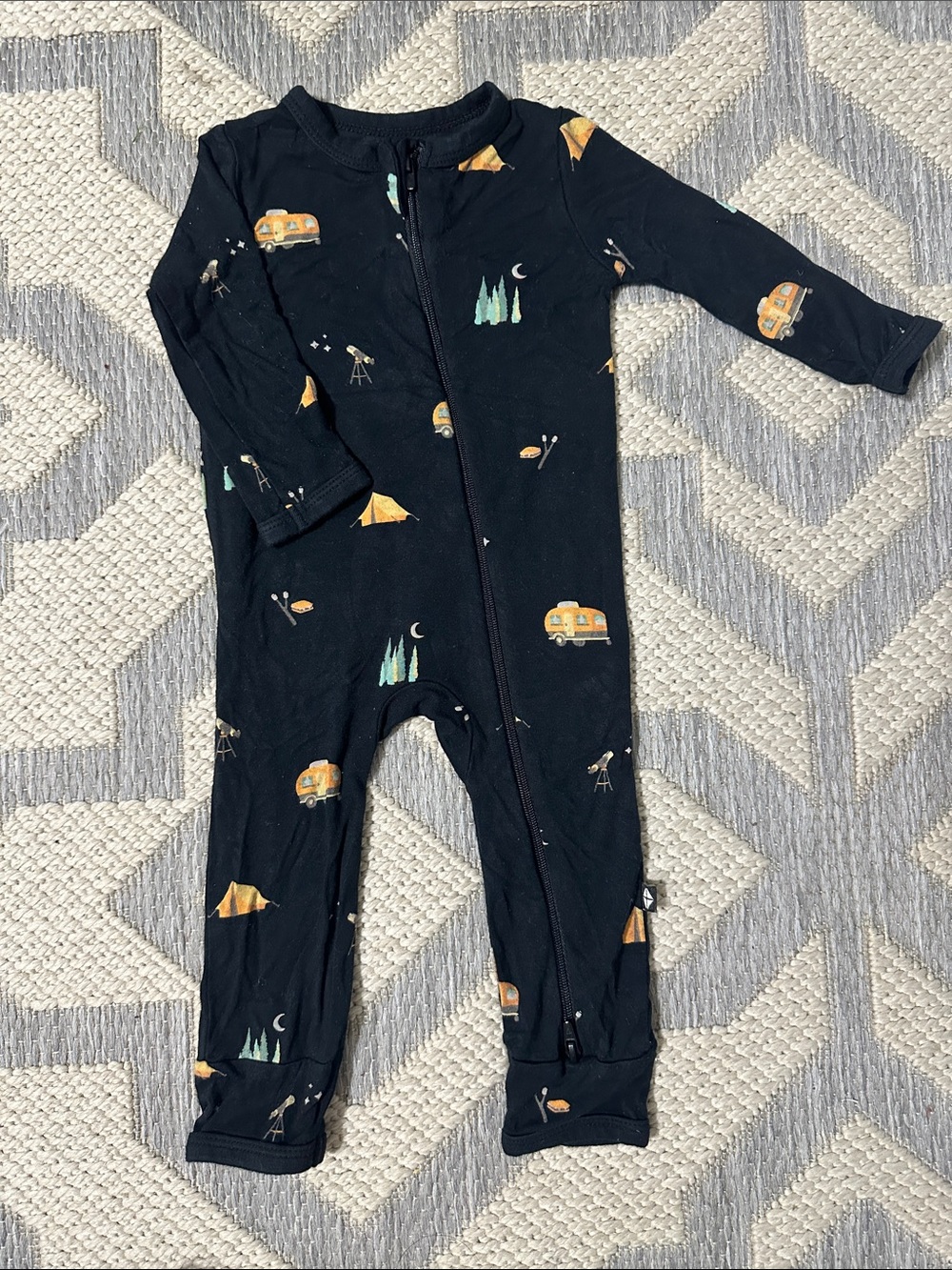 Kyte BABY Black Camping Print Footie with Orange Camper Accents